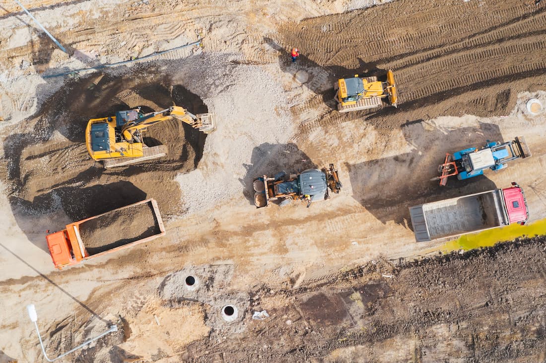 Aerial view of construction equipment on the job site.